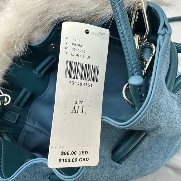 Anthropologie Blue Suede Crossbody Bag with Faux Fur Trim NWTS - Picture 7 of 7